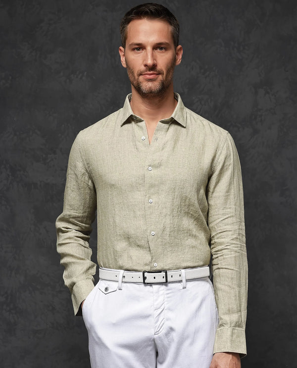 Rare Rabbit Mens Borium-2 Pastel Green Full Sleeve Melange Linen Fabric Solid Shirt
