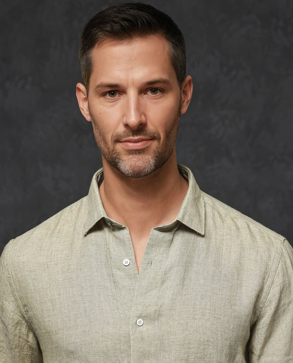 Rare Rabbit Mens Borium-2 Pastel Green Full Sleeve Melange Linen Fabric Solid Shirt