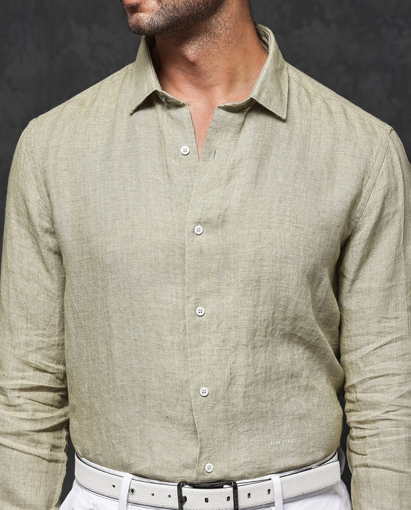 Rare Rabbit Mens Borium-2 Pastel Green Full Sleeve Melange Linen Fabric Solid Shirt