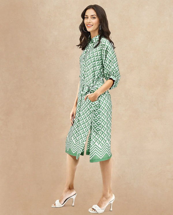 Rareism Women Borrisa Green Raglan Sleeves Collared Neck  A-Line Midi Geometric Print Dress