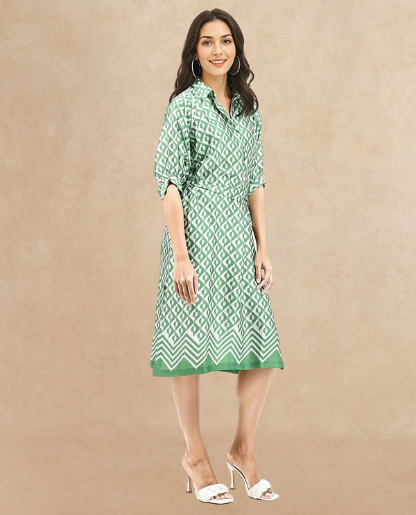Rareism Women Borrisa Green Raglan Sleeves Collared Neck  A-Line Midi Geometric Print Dress