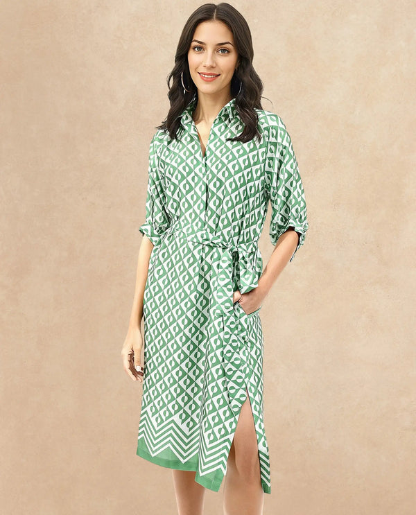 Rareism Women Borrisa Green Raglan Sleeves Collared Neck  A-Line Midi Geometric Print Dress