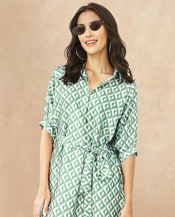 Rareism Women Borrisa Green Raglan Sleeves Collared Neck  A-Line Midi Geometric Print Dress