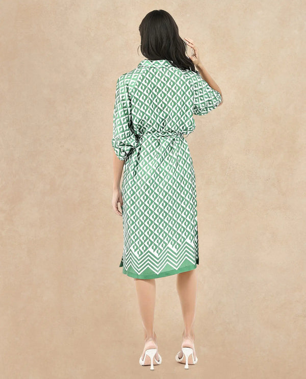 Rareism Women Borrisa Green Raglan Sleeves Collared Neck  A-Line Midi Geometric Print Dress
