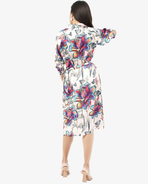 Rareism Women Borriso Multi Raglan Sleeves Regular Collar A-Line Floral Print Midi Dress