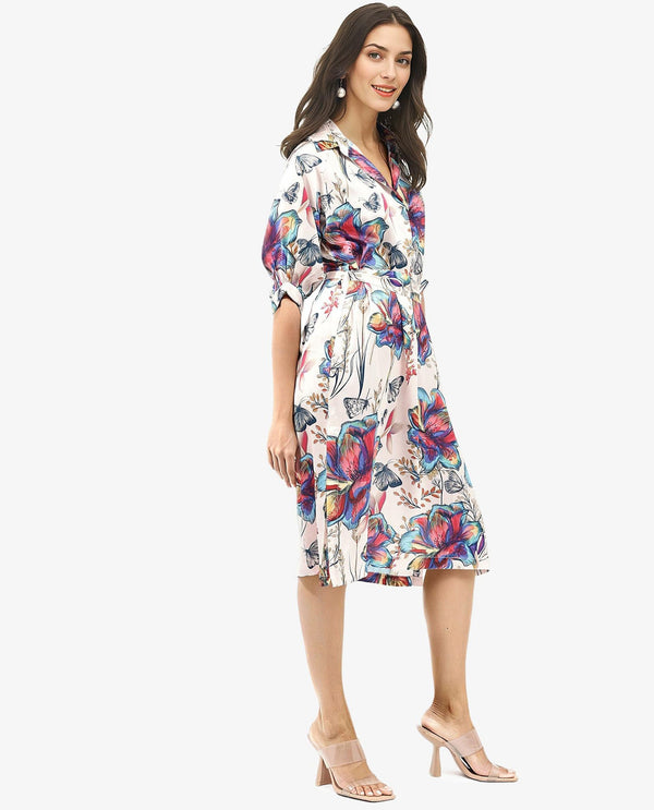 Rareism Women Borriso Multi Raglan Sleeves Regular Collar A-Line Floral Print Midi Dress