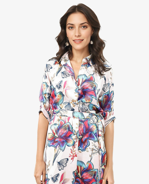 Rareism Women Borriso Multi Raglan Sleeves Regular Collar A-Line Floral Print Midi Dress