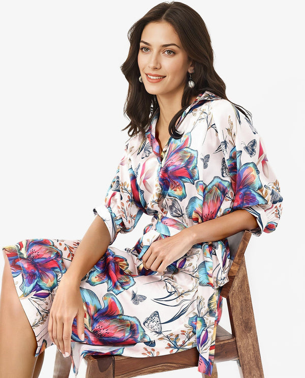 Rareism Women Borriso Multi Raglan Sleeves Regular Collar A-Line Floral Print Midi Dress