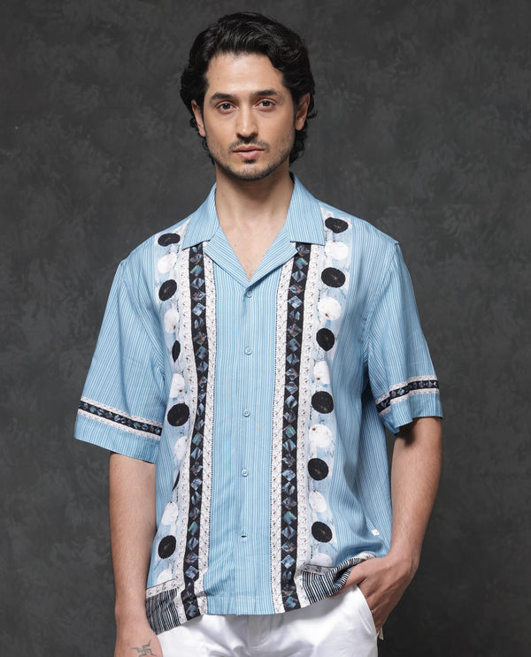 Rare Rabbit Mens Bortan Light Blue Boxy Fit Short Sleeve Placement Print Cuban Collar Shirt