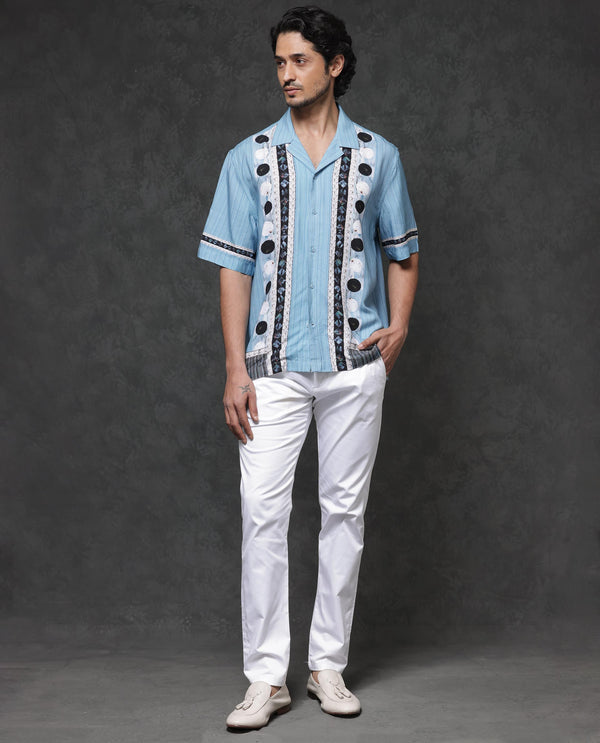 Rare Rabbit Mens Bortan Light Blue Boxy Fit Short Sleeve Placement Print Cuban Collar Shirt