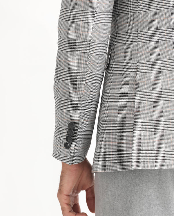 Rare Rabbit Men's Bostic Light Grey Polyester Viscose Fabric Peak Lapel Single Breasted Tailored Fit Houndstooth Check Blazer