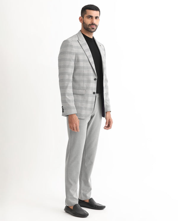 Rare Rabbit Men's Bostic Light Grey Polyester Viscose Fabric Peak Lapel Single Breasted Tailored Fit Houndstooth Check Blazer
