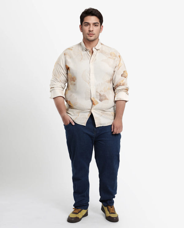 Rare Rabbit Men's Bourbon Beige Viscose Fabric Floral Print Full Sleeves Shirt Plus Size