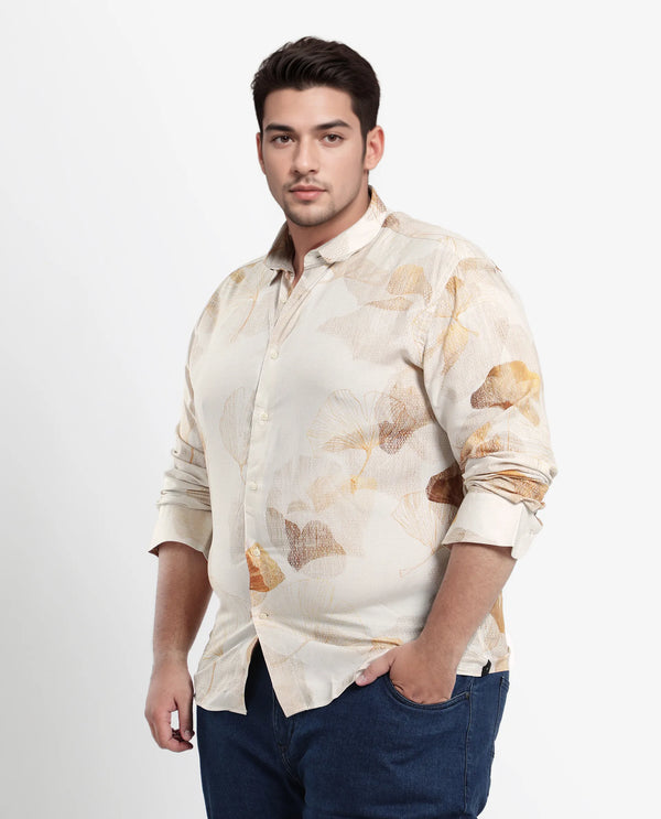 Rare Rabbit Men's Bourbon Beige Viscose Fabric Floral Print Full Sleeves Shirt Plus Size