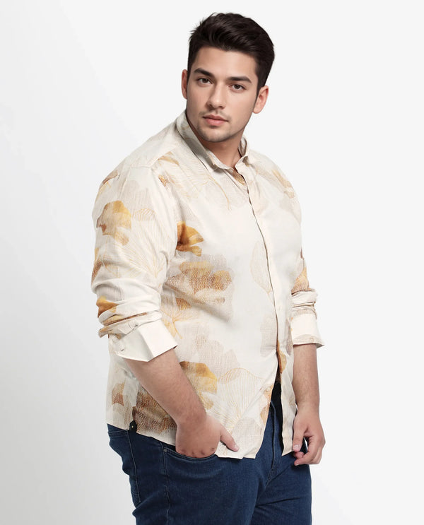 Rare Rabbit Men's Bourbon Beige Viscose Fabric Floral Print Full Sleeves Shirt Plus Size