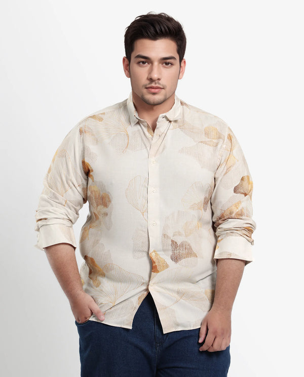 Rare Rabbit Men's Bourbon Beige Viscose Fabric Floral Print Full Sleeves Shirt Plus Size
