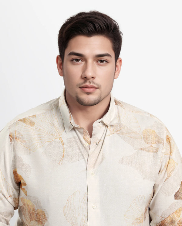 Rare Rabbit Men's Bourbon Beige Viscose Fabric Floral Print Full Sleeves Shirt Plus Size
