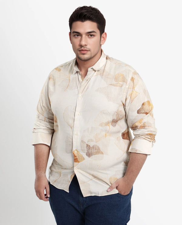 Rare Rabbit Men's Bourbon Beige Viscose Fabric Floral Print Full Sleeves Shirt Plus Size