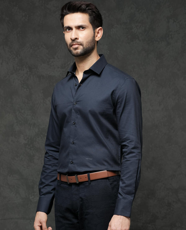 Rare Rabbit Men's Bovec Navy Cotton Fabric Full Sleeves Micro Stripe Shirt