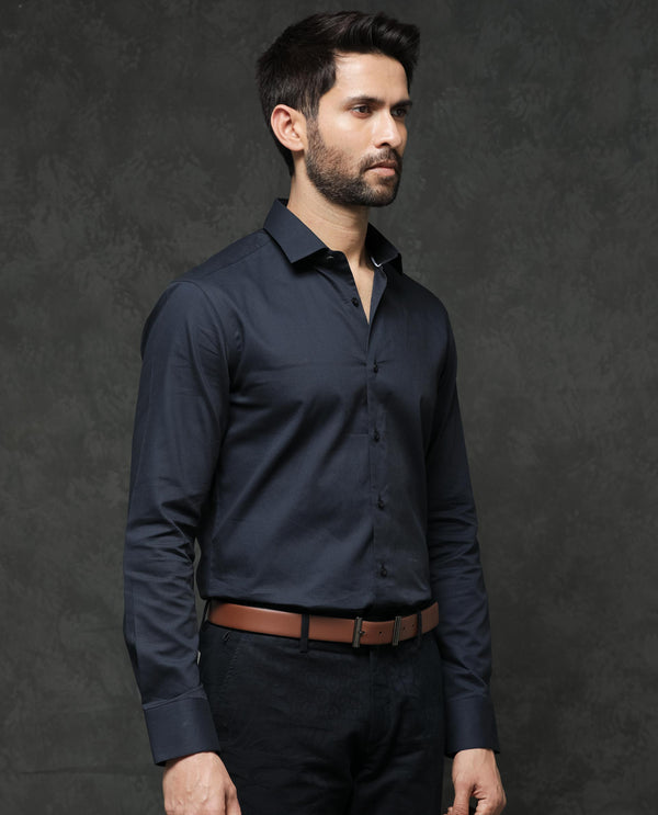 Rare Rabbit Men's Bovec Navy Cotton Fabric Full Sleeves Micro Stripe Shirt