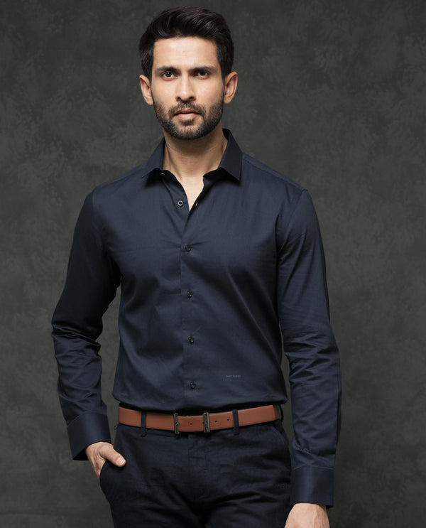 Rare Rabbit Men's Bovec Navy Cotton Fabric Full Sleeves Micro Stripe Shirt