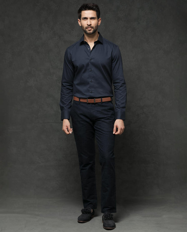 Rare Rabbit Men's Bovec Navy Cotton Fabric Full Sleeves Micro Stripe Shirt
