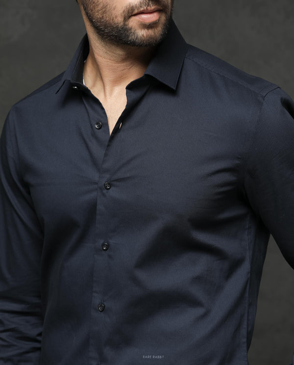 Rare Rabbit Men's Bovec Navy Cotton Fabric Full Sleeves Micro Stripe Shirt
