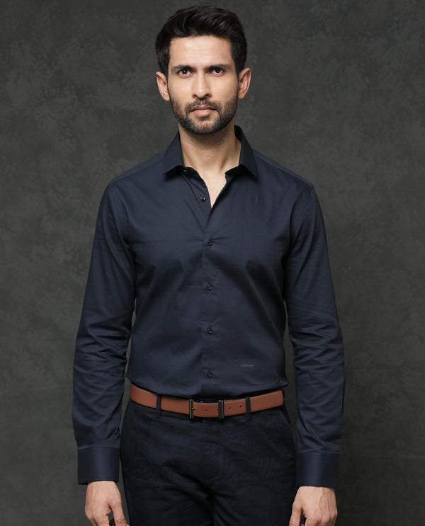 Rare Rabbit Men's Bovec Navy Cotton Fabric Full Sleeves Micro Stripe Shirt