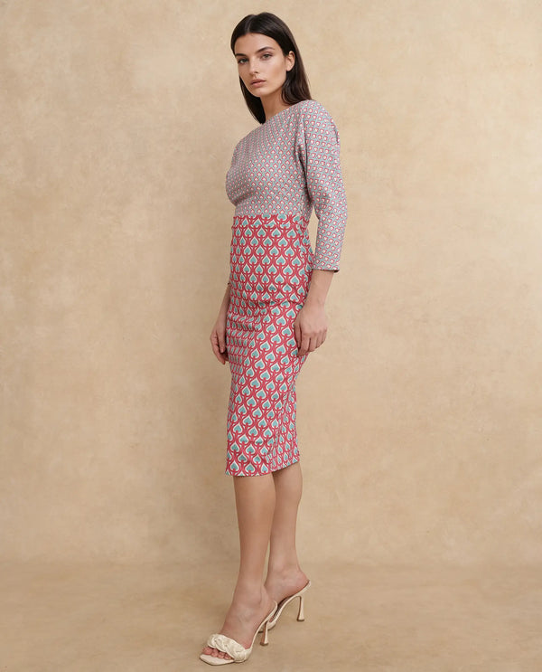 Rareism Women's Bovyan Multi Cotton Fabric Boat Neck Zipper Closure 3/4Th Sleeve Geometric Print Straight Fit Midi Dress