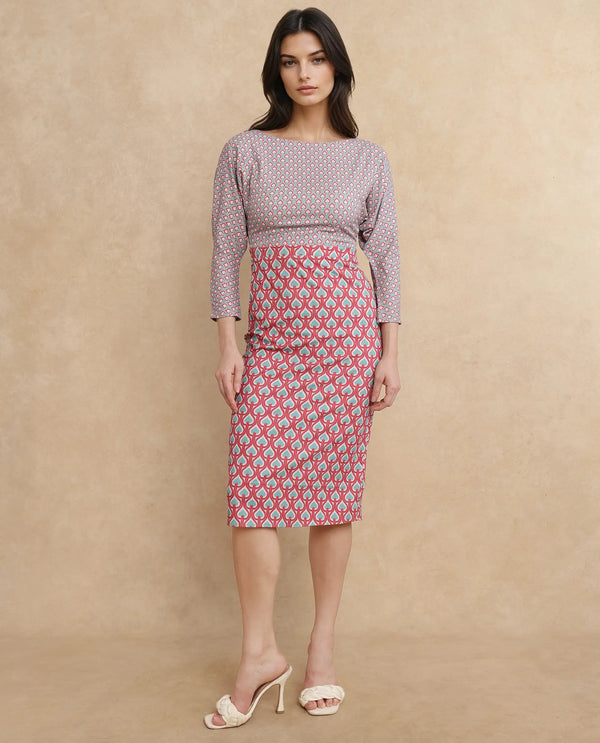 Rareism Women's Bovyan Multi Cotton Fabric Boat Neck Zipper Closure 3/4Th Sleeve Geometric Print Straight Fit Midi Dress