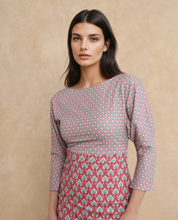 Rareism Women's Bovyan Multi Cotton Fabric Boat Neck Zipper Closure 3/4Th Sleeve Geometric Print Straight Fit Midi Dress