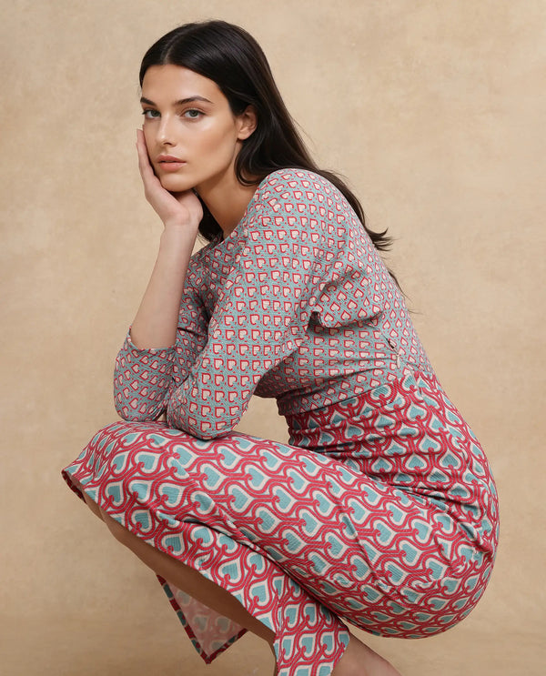 Rareism Women's Bovyan Multi Cotton Fabric Boat Neck Zipper Closure 3/4Th Sleeve Geometric Print Straight Fit Midi Dress