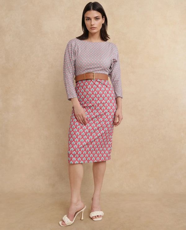 Rareism Women's Bovyan Multi Cotton Fabric Boat Neck Zipper Closure 3/4Th Sleeve Geometric Print Straight Fit Midi Dress