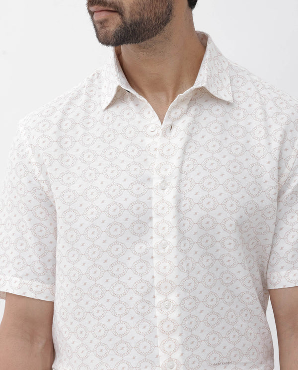 Rare Rabbit Mens Boward Off White Cotton Fabric Short Sleeve Boxy Fit Monogram Print Shirt