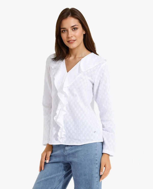 Rareism Women's Bowez White Full Sleeve Ruffled Neck Plain Top