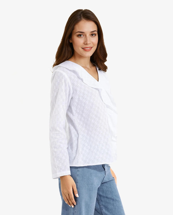 Rareism Women's Bowez White Full Sleeve Ruffled Neck Plain Top