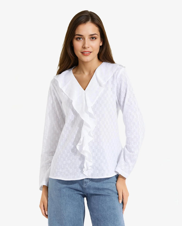 Rareism Women's Bowez White Full Sleeve Ruffled Neck Plain Top