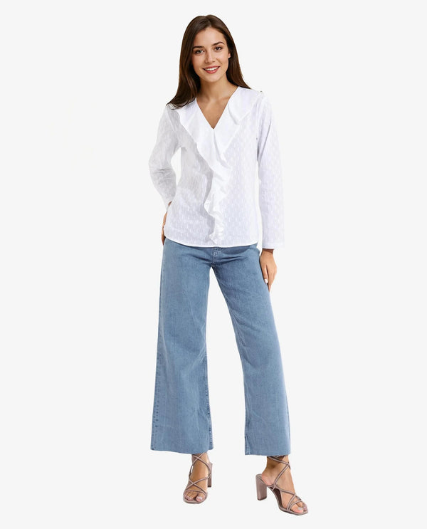 Rareism Women's Bowez White Full Sleeve Ruffled Neck Plain Top
