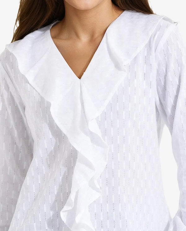 Rareism Women's Bowez White Full Sleeve Ruffled Neck Plain Top