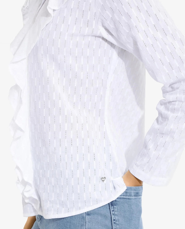 Rareism Women's Bowez White Full Sleeve Ruffled Neck Plain Top