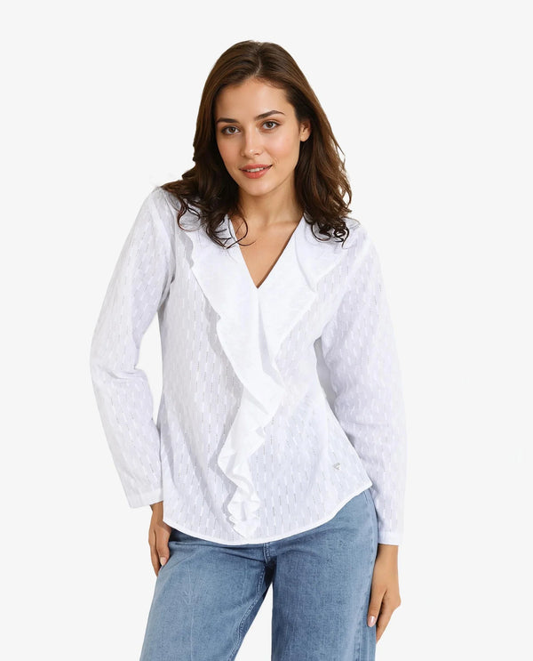 Rareism Women's Bowez White Full Sleeve Ruffled Neck Plain Top