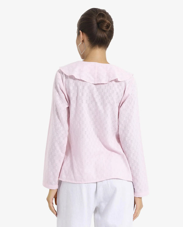 Rareism Women's Bowez Pink Full Sleeve Ruffled Neck Plain Top