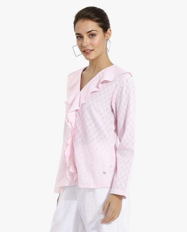 Rareism Women's Bowez Pink Full Sleeve Ruffled Neck Plain Top