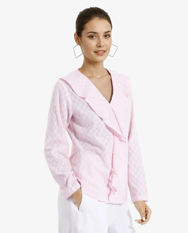 Rareism Women's Bowez Pink Full Sleeve Ruffled Neck Plain Top