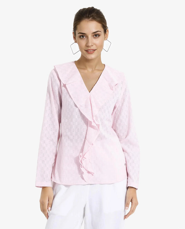 Rareism Women's Bowez Pink Full Sleeve Ruffled Neck Plain Top