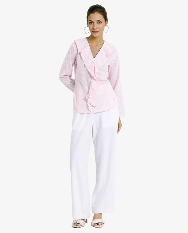 Rareism Women's Bowez Pink Full Sleeve Ruffled Neck Plain Top