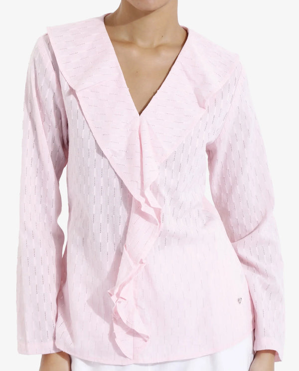 Rareism Women's Bowez Pink Full Sleeve Ruffled Neck Plain Top