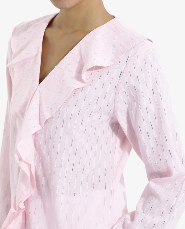 Rareism Women's Bowez Pink Full Sleeve Ruffled Neck Plain Top