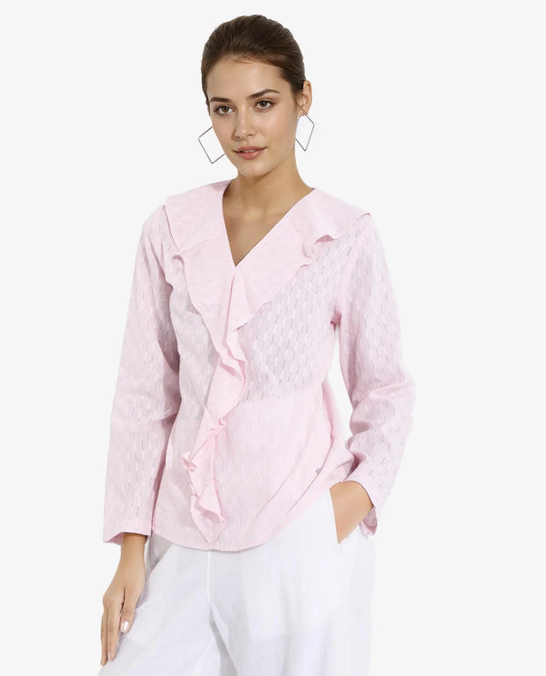 Rareism Women's Bowez Pink Full Sleeve Ruffled Neck Plain Top