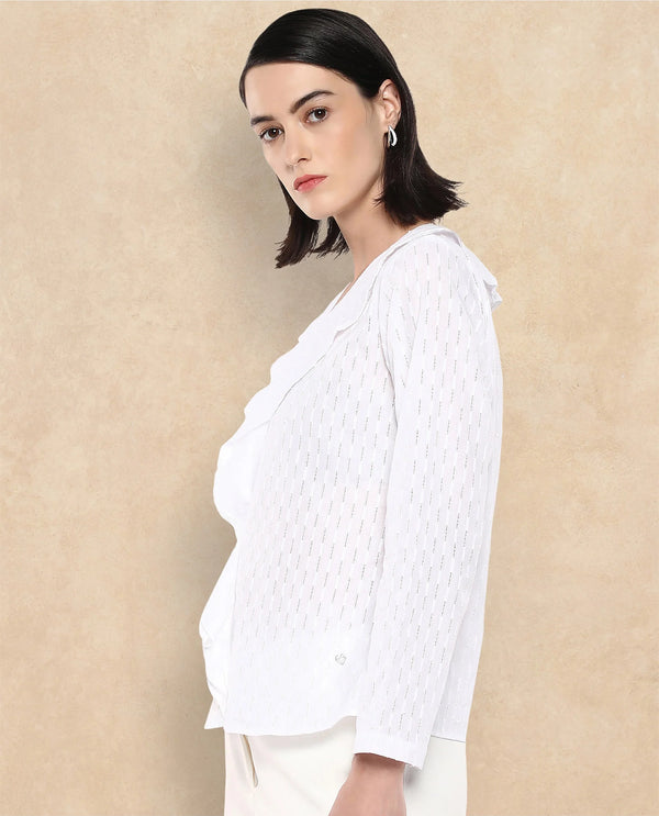 Rareism Women Bowez White Full Sleeve Ruffled Neck Plain Top